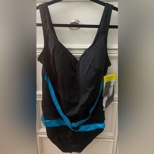 Longitude NWT Size 24W Black 1PC Swimsuit with Blue Accents & Wrap Around Waist